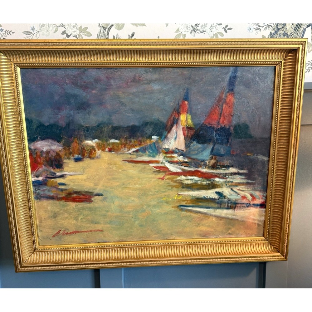 Vintage Impressionist Sailboat Beach Oil Painting Framed 28 x23 Coastal Seascape
